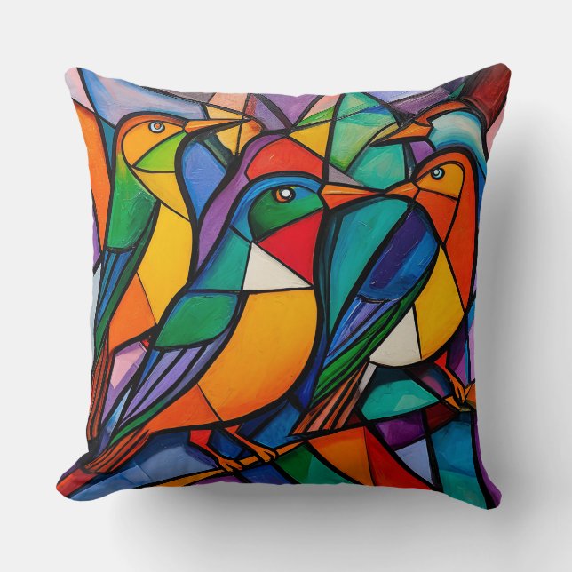 Levendige geometrische vogels kunstwerk in modern  kussen (Voorkant)
