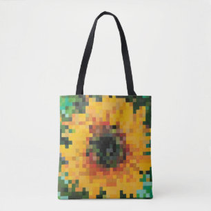 Levendige gepixelde zonnebloem met groene achtergr tote bag