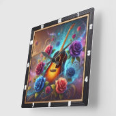 Levendige gitaar omgeven door kleurrijke Rozen Vierkante Klok (Hoek)