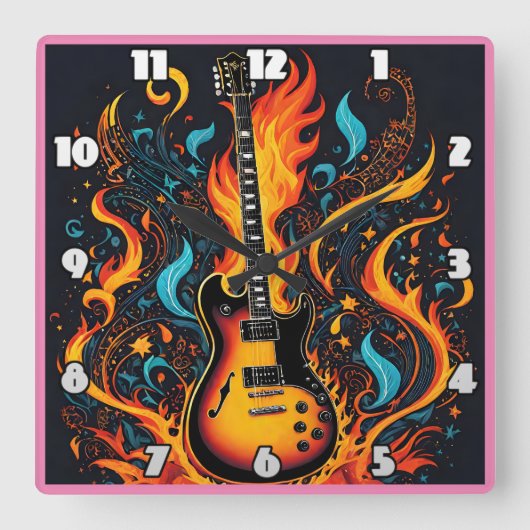 Levendige gitaar verzwolgen in vlammen en wervelin vierkante klok (Voorkant)