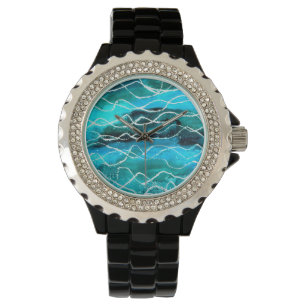 Levendige golven Turquoise, wit, zwart Abstract Horloge