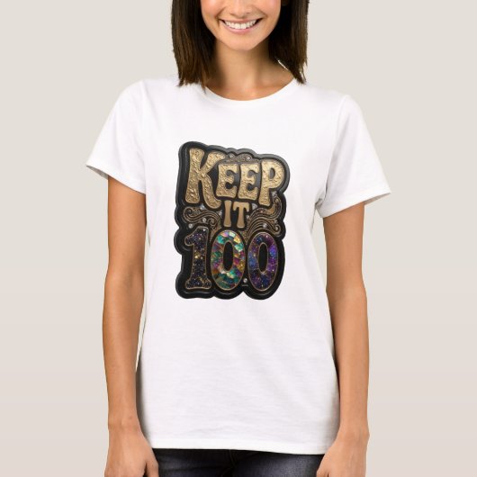 Levendige Gouden KEEP IT 100 3D-tekstkunst T-shirt (Voorkant)