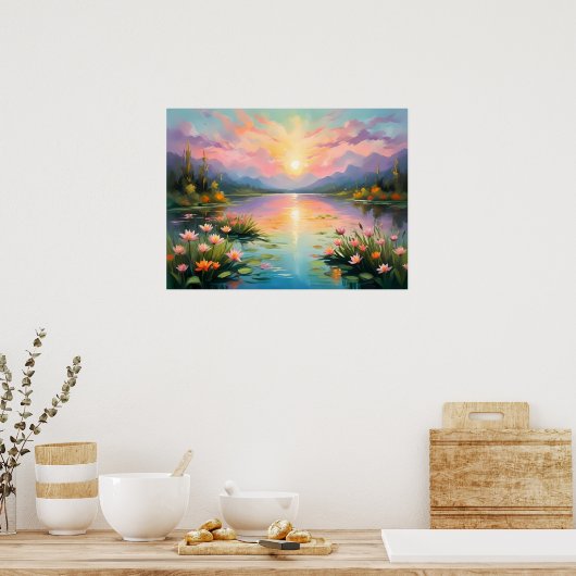 Levendige gouden zonsondergang over het rustige me poster (Keuken)