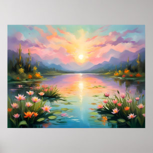 Levendige gouden zonsondergang over het rustige me poster
