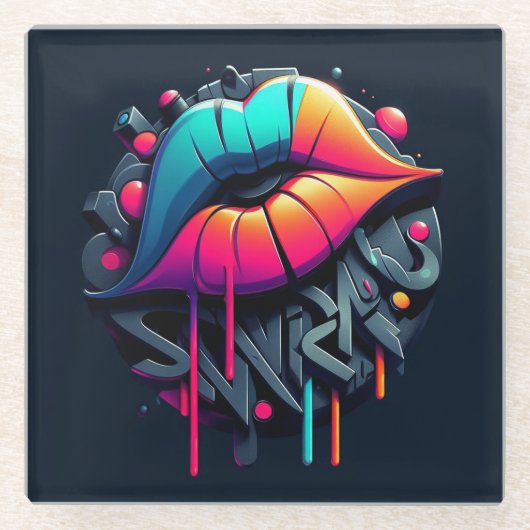 Levendige graffiti-stijl kleurrijke lippen glazen onderzetter (Voorkant)