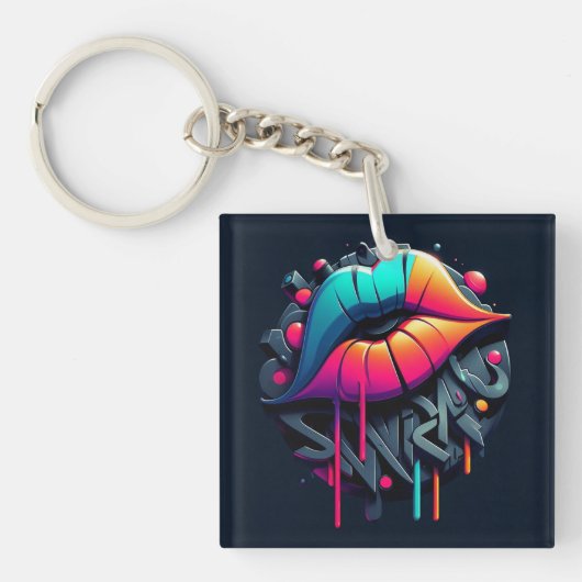 Levendige graffiti-stijl kleurrijke lippen sleutelhanger (voorkant)