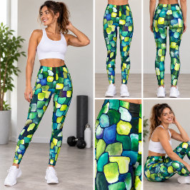 Levendige groene blauwe geometrische mozaïek abstr leggings