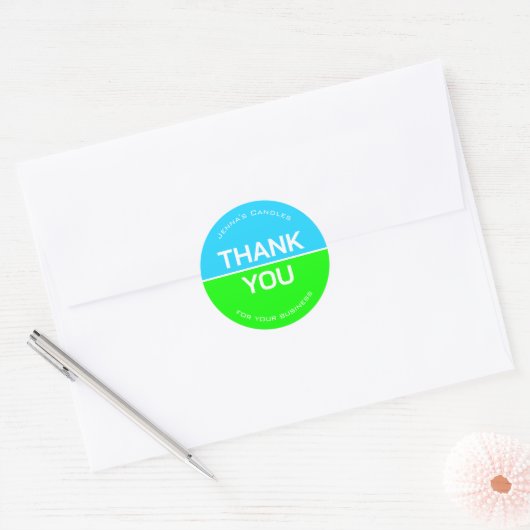 Levendige groene blauwe neon bedrijfsnaam dank u ronde sticker (Envelop)