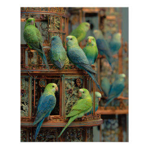 Levendige groene blauwe papegaaien exotische zitst perfect poster