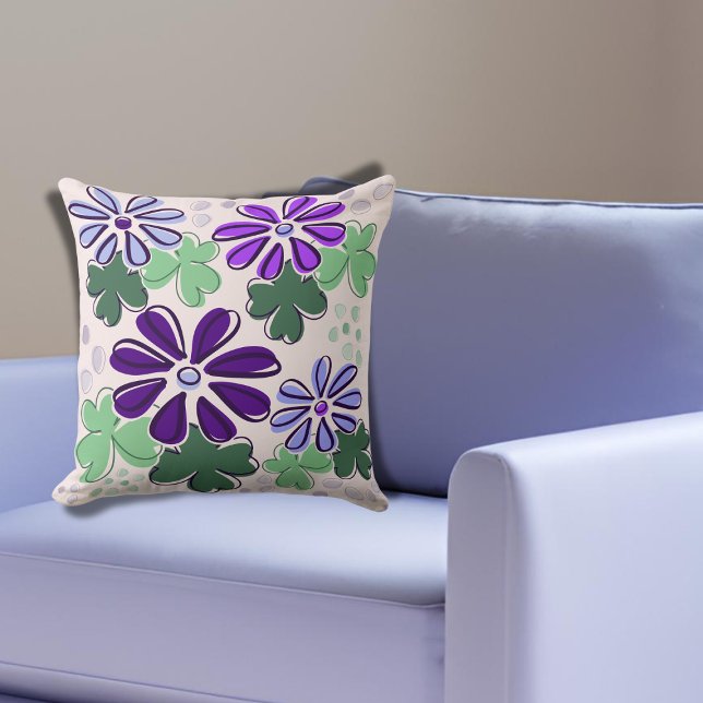 Levendige Groene en Paarse Klaver & Flower Doodle Kussen (Vivid Green and Purple Clover & Flower Doodle Throw Pillow)