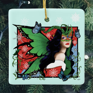 Levendige Groene Fantasie Maskerade Fee Kerstmis Keramisch Ornament