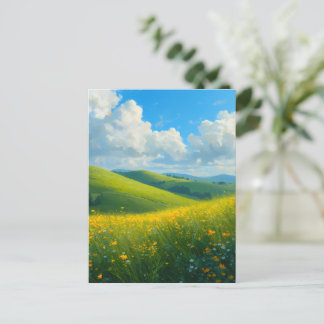 Levendige Groene Heuvels & Gele Bloemen Landschap Briefkaart