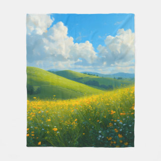 Levendige Groene Heuvels & Gele Bloemen Landschap Fleece Deken