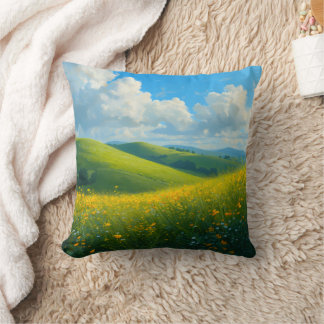 Levendige Groene Heuvels & Gele Bloemen Landschap Kussen