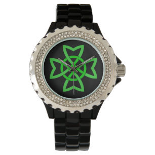 Levendige groene Ierse knoop Design op zwart Horloge