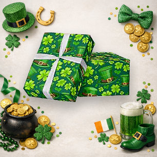 Levendige Groene Klaver Leprechaun Patroon Kunst Cadeaupapier
