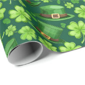 Levendige Groene Klaver Leprechaun Patroon Kunst Cadeaupapier (Rol Hoek)