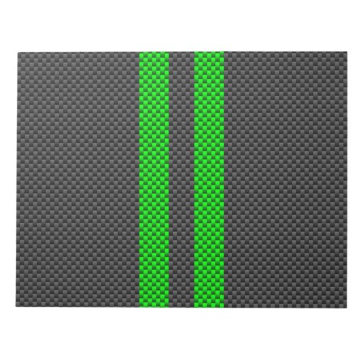 Levendige groene koolstofvezel tegen racestrepen notitieblok (Voorkant)