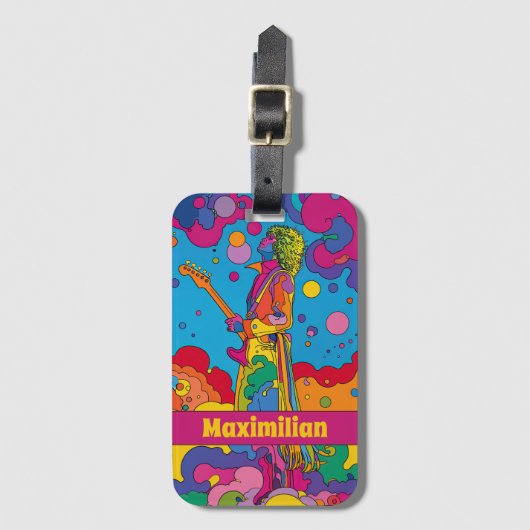 Levendige Groovy Psychedelic Rock Gitarist Kunst Bagagelabel (Voorkant (verticaal))