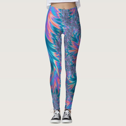 Levendige Groovy Trippy Bohemian Blauwgroen koraal Leggings (Voorkant)