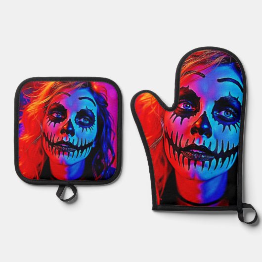 Levendige Halloween make-up kunst Ovenwant & Pannenlap Set (Voorkant)