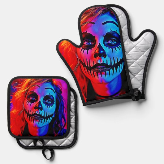 Levendige Halloween make-up kunst Ovenwant & Pannenlap Set (Voorkant / Achterkant)