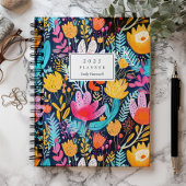 Levendige Hand Geschilderde Bloemen Turquoise Mono Planner