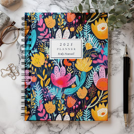 Levendige Hand Geschilderde Bloemen Turquoise Mono Planner