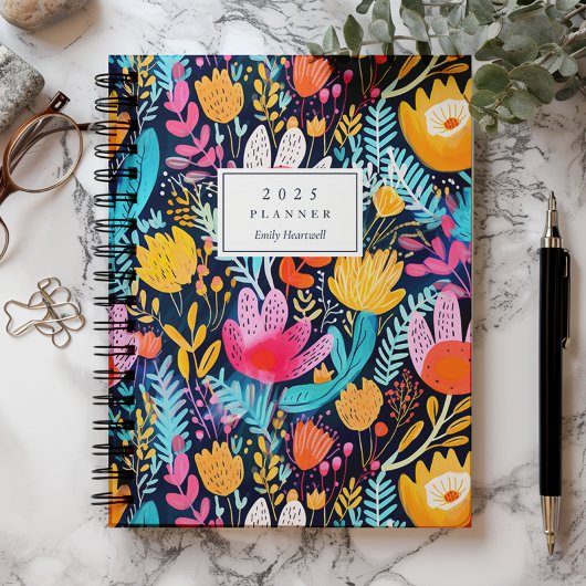 Levendige Hand Geschilderde Bloemen Turquoise Mono Planner