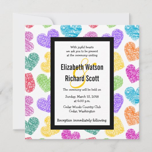 Levendige hand getekende harten bruiloft uitnodigi kaart (Voorkant)