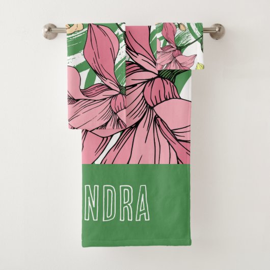 Levendige hand getrokken bloemenmonogram Groen roz Bad Handdoek (Insitu)