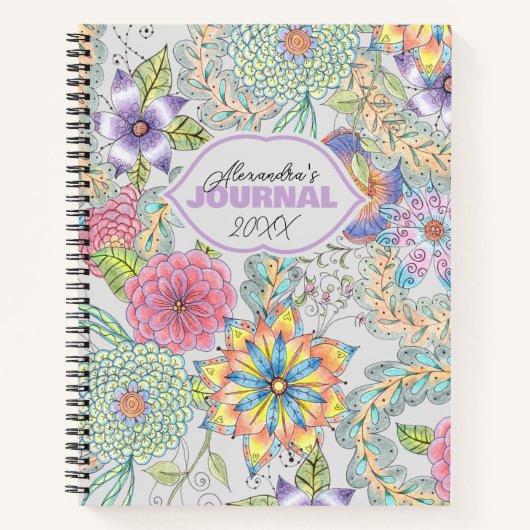 Levendige handgetekende lentebloesems en groen notitieboek (Voorkant)