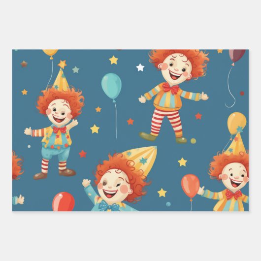 Levendige Happy Birthday Clowns Patroon Inpakpapier Vel (Voorkant)