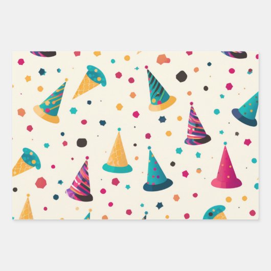 Levendige Happy Birthday Party Petten Pattern Inpakpapier Vel (Voorkant 3)