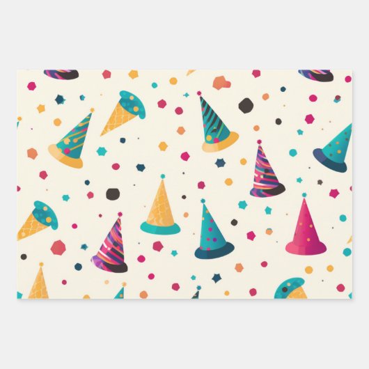 Levendige Happy Birthday Party Petten Pattern Inpakpapier Vel (Voorkant)