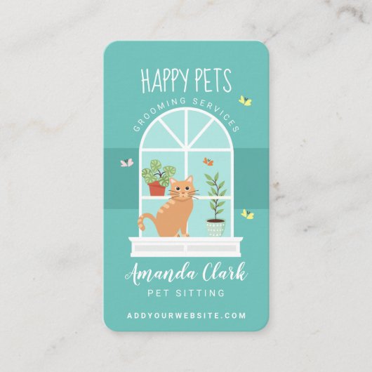 Levendige Happy Cat op Windows Sill Pet Sitting Visitekaartje (Voorkant)