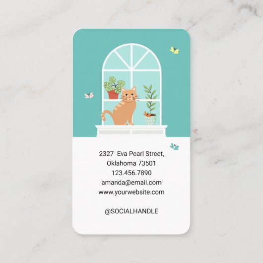 Levendige Happy Cat op Windows Sill Pet Sitting Visitekaartje (Achterkant)