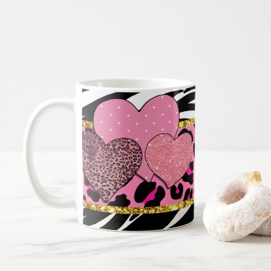 Levendige hartpatronen met dierenprints en glitter koffiemok (Met donut)