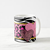 Levendige hartpatronen met dierenprints en glitter koffiemok (Voorkant rechts)