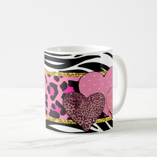 Levendige hartpatronen met dierenprints en glitter koffiemok (Voorkant rechts)