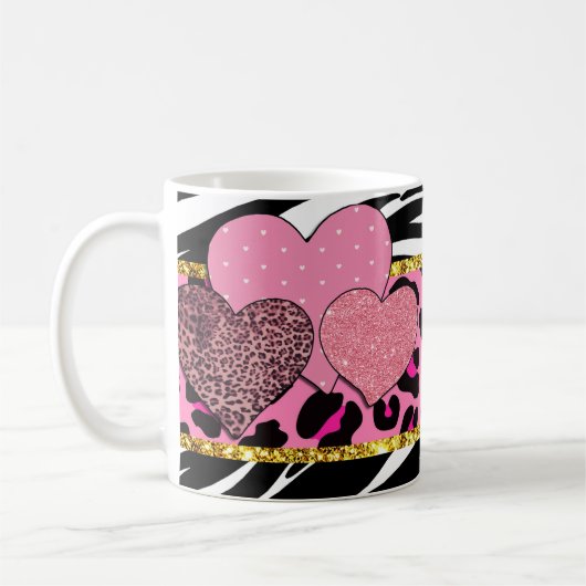 Levendige hartpatronen met dierenprints en glitter koffiemok (Links)
