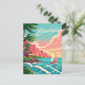 Levendige Hawaiiaanse kustscène met palmbomen Feestdagenkaart (Staand voorkant)