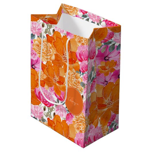 Levendige Helder Roze Sinaasappel Bloemen & Monogr Medium Cadeauzakje (Voorkant Gekanteld)
