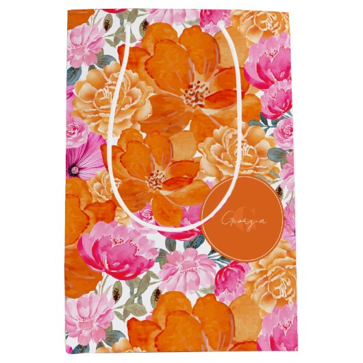 Levendige Helder Roze Sinaasappel Bloemen & Monogr Medium Cadeauzakje (Voorkant)