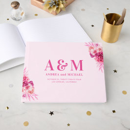Levendige Heldere Hete Roze Monogram Elegante Huwe Gastenboek