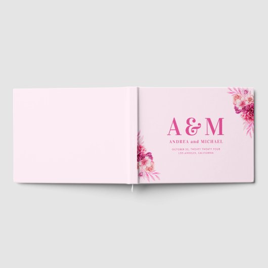 Levendige Heldere Hete Roze Monogram Elegante Huwe Gastenboek (Volledig)