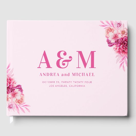 Levendige Heldere Hete Roze Monogram Elegante Huwe Gastenboek (Voorkant)