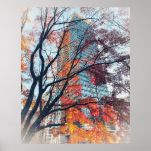 Levendige herfst esdoorn en moderne wolkenkrabber poster