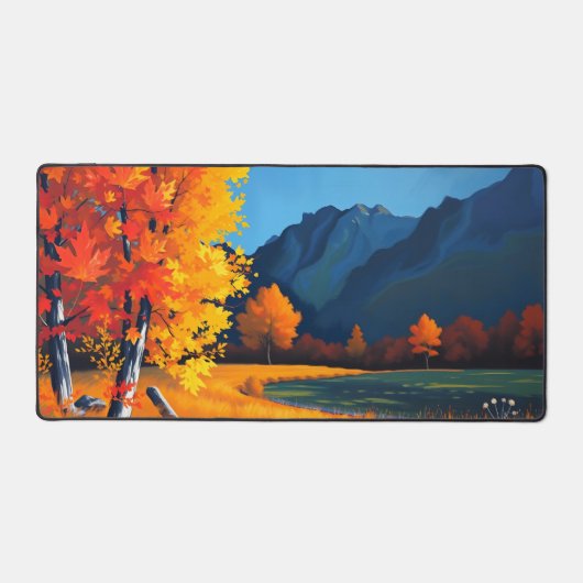 Levendige Herfst Forest Desk Mat met Blauwe Berg (Voorkant)