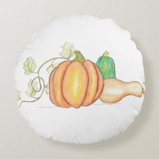 Levendige Herfst Pompoen Arrangement Rond Kussen (Voorkant)